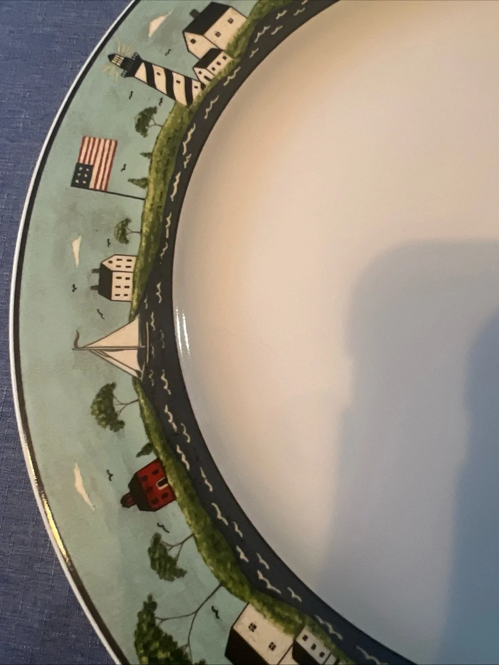 Coastal Village Dinner Plate in Aqua and White 12”